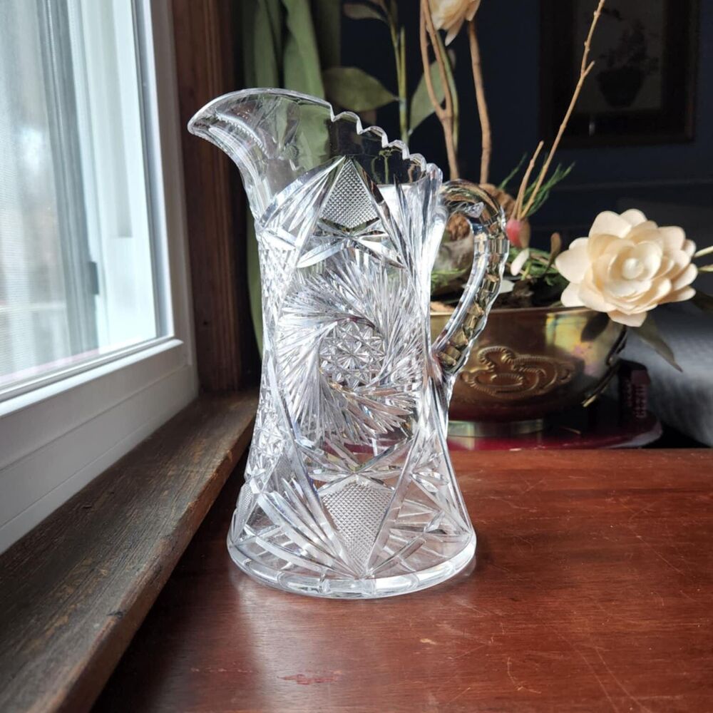 Antique pinwheel hobstar large 9" EAPG cut glass pitcher, Victorian.